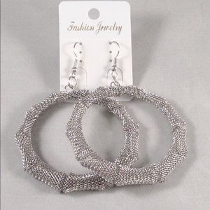 Metal Mesh Hanging Hoop Earrings Silvertone